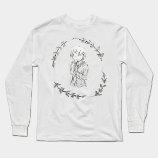 Dark Academia Aesthetic Ink girl with leaves black and white Long Sleeve T-Shirt